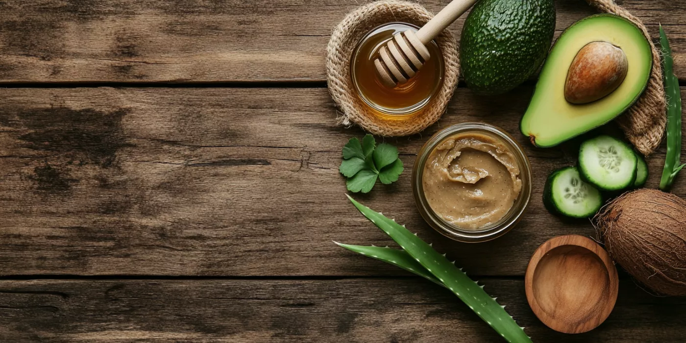 Flat lay of natural skincare ingredients like avocado, honey, and aloe vera for a DIY hydrating face mask.