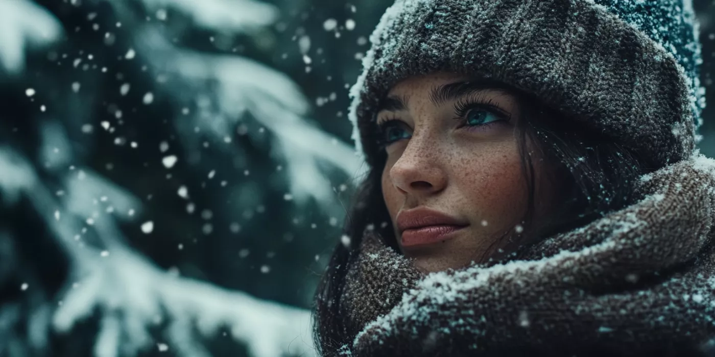 Gentle skincare products for oily skin in winter, featuring a cleanser, moisturizer, and hydrating serum on a seasonal background