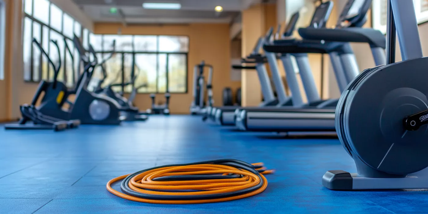 Different cardio exercise equipment like jump ropes and treadmill