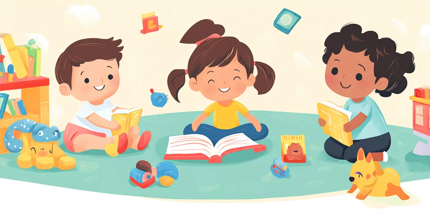 Kids playing and learning with toys, books, and educational tools, symbolizing child development milestones.
