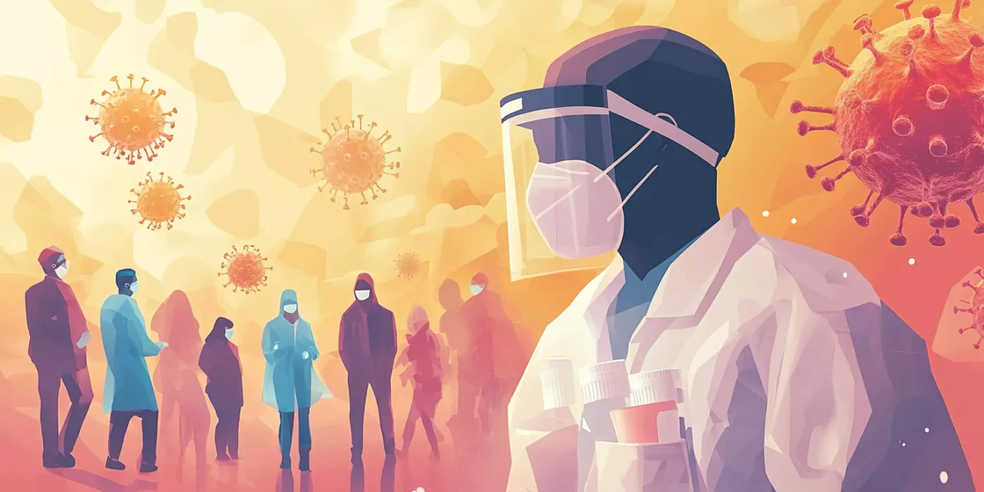 Healthcare worker in PPE and people practicing social distancing, symbolizing care during the pandemic.