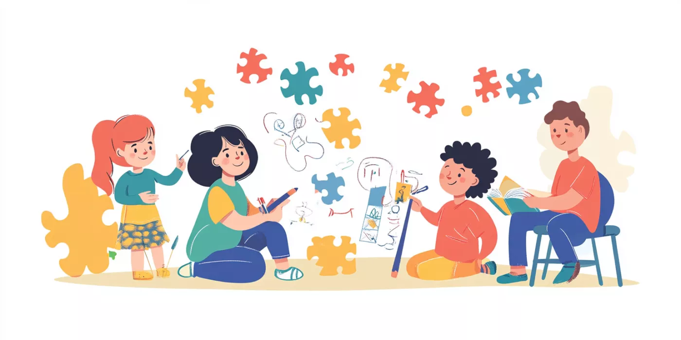 Children and adults participating in activities, symbolizing understanding and inclusion for developmental disorders.