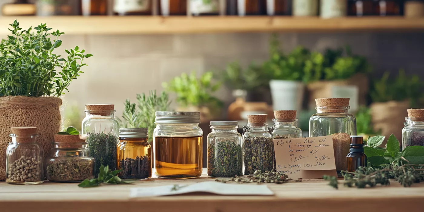 Jars of herbs and homemade skincare products, highlighting natural DIY solutions and home remedies.