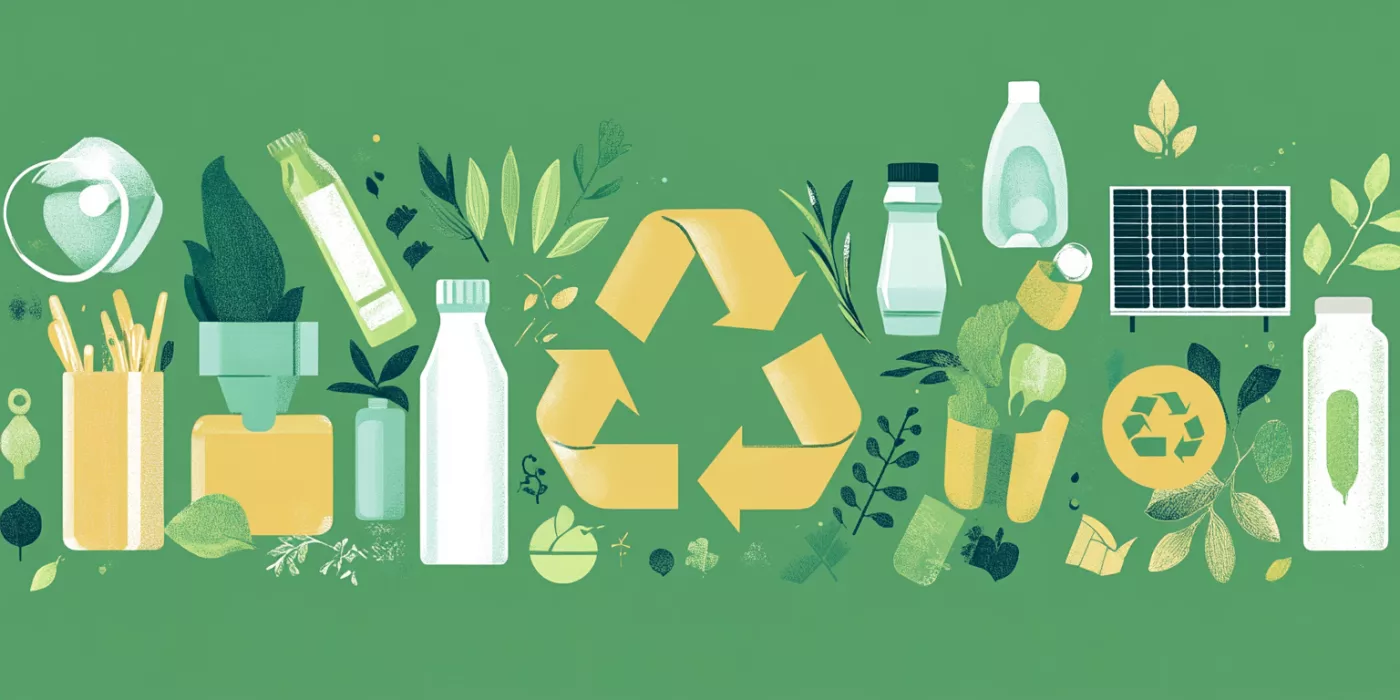 Reusable items, plants, and recycling symbols, highlighting eco-friendly alternatives for sustainable living.