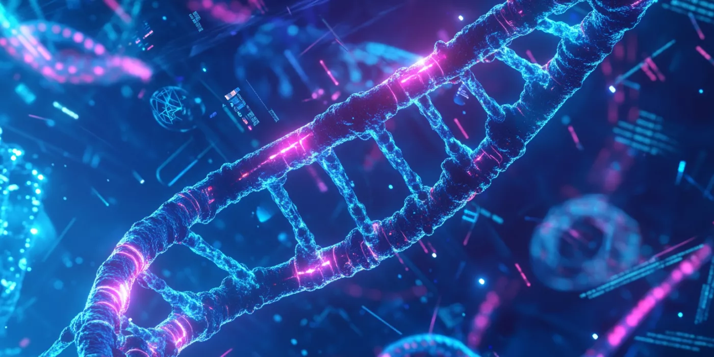 Illustration of DNA strands and molecular structures, representing advancements in genetics and biological science.