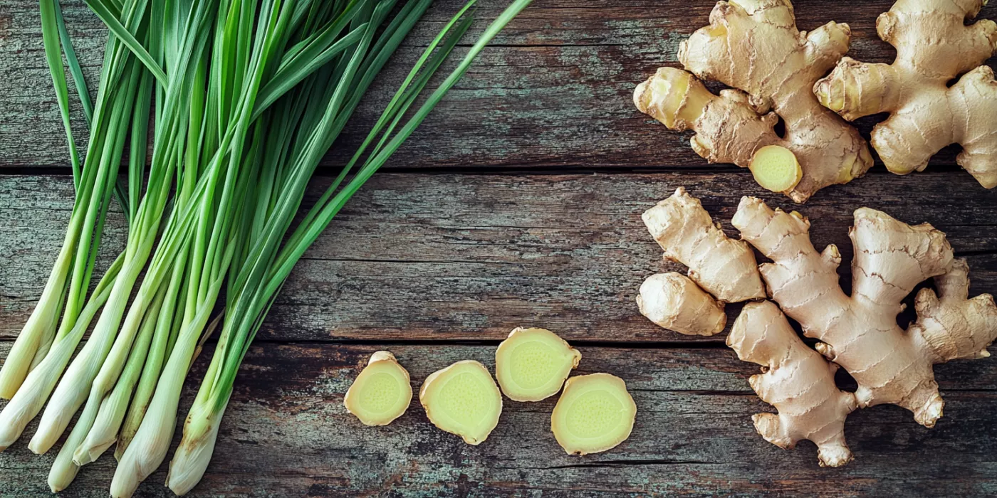 Fresh ginger roots and lemongrass stalks arranged on a wooden surface