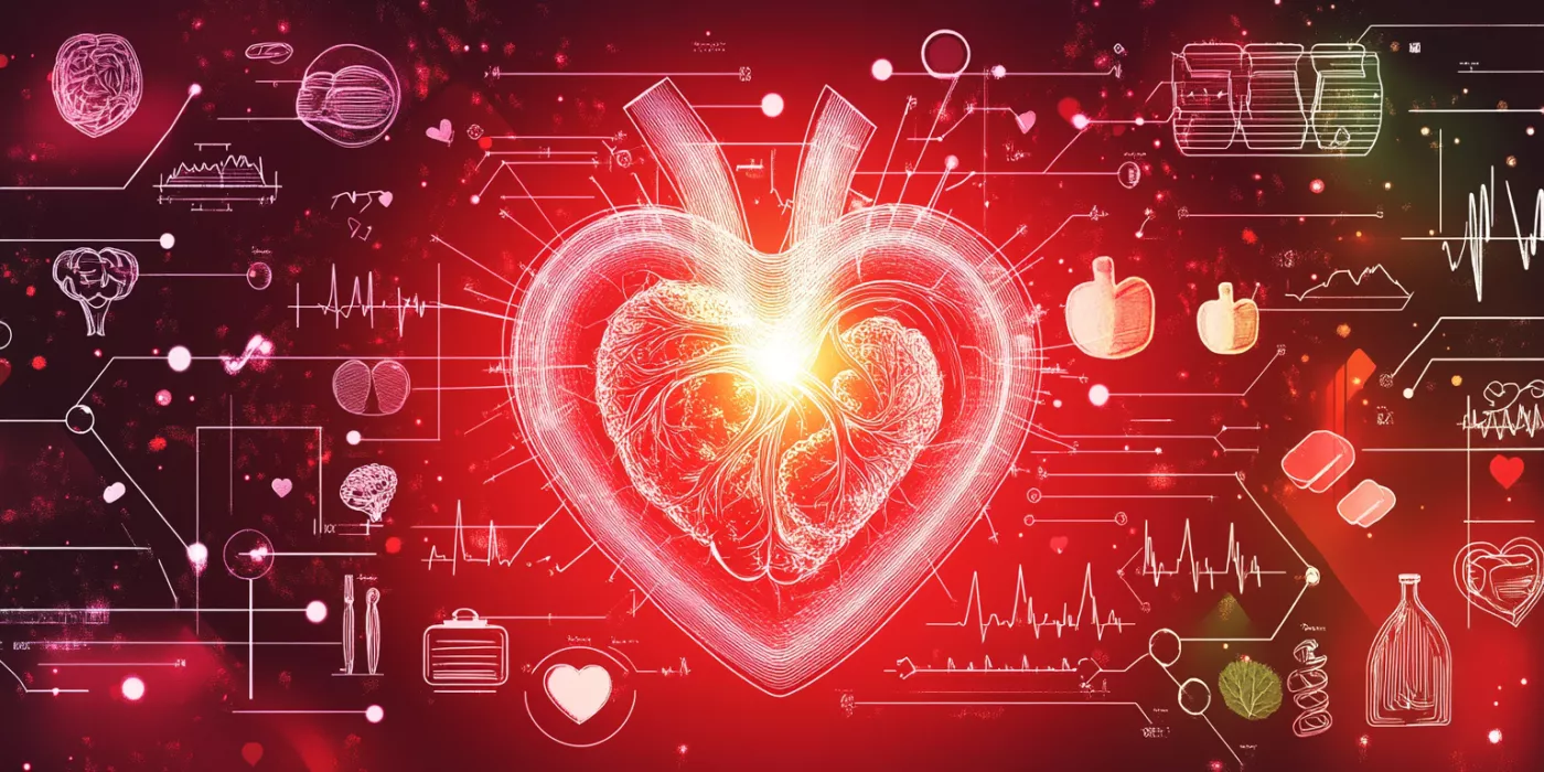 Glowing heart surrounded by healthy foods and exercise icons, promoting awareness of heart health and wellness.