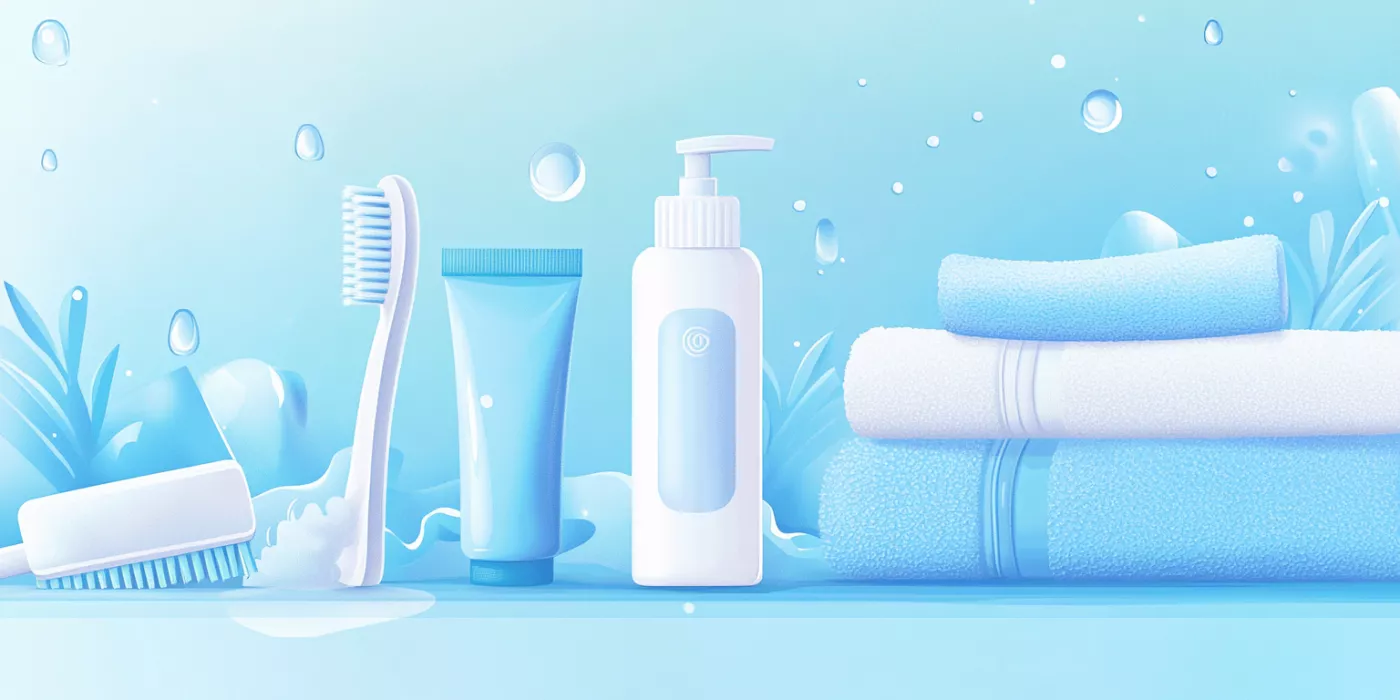 Toothbrushes, sanitizers, and cleanliness symbols, highlighting the importance of hygiene and healthy habits.