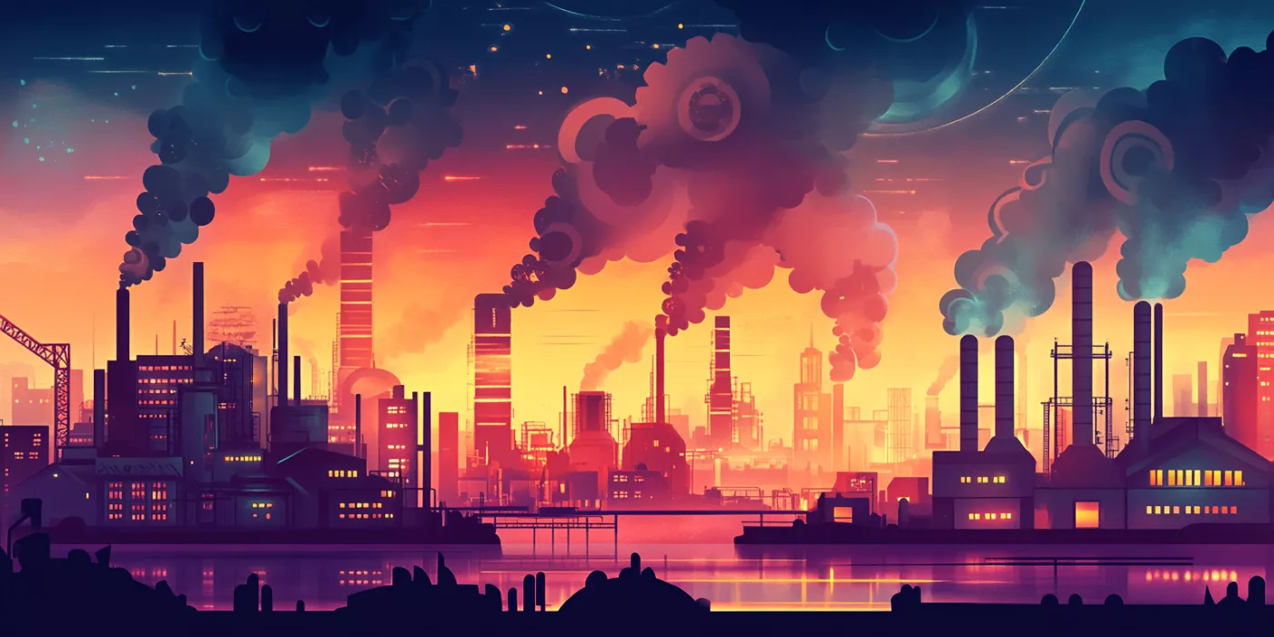 Factories and machinery against an urban skyline, symbolizing industrialization and technological advancement.