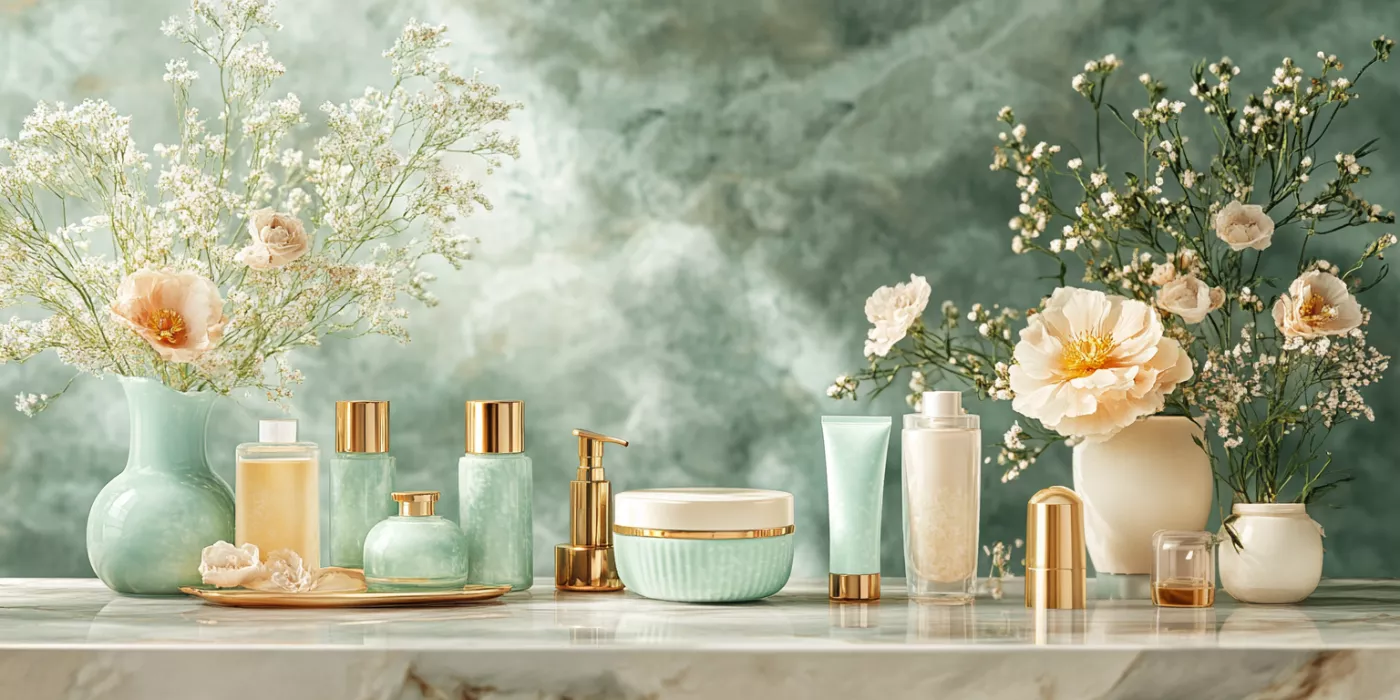 Luxurious skincare products arranged on a marble counter, highlighting beauty and self-care routines.