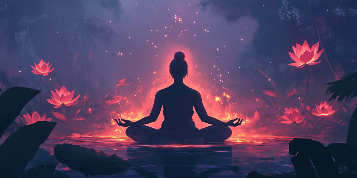 Illustration of a person meditating with glowing light, symbolizing mindfulness, meditation, and inner peace.