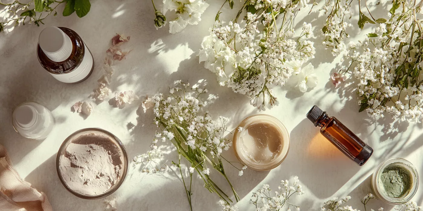 Illustration of glowing skin and eco-friendly skincare products, symbolizing natural beauty and self-care practices.