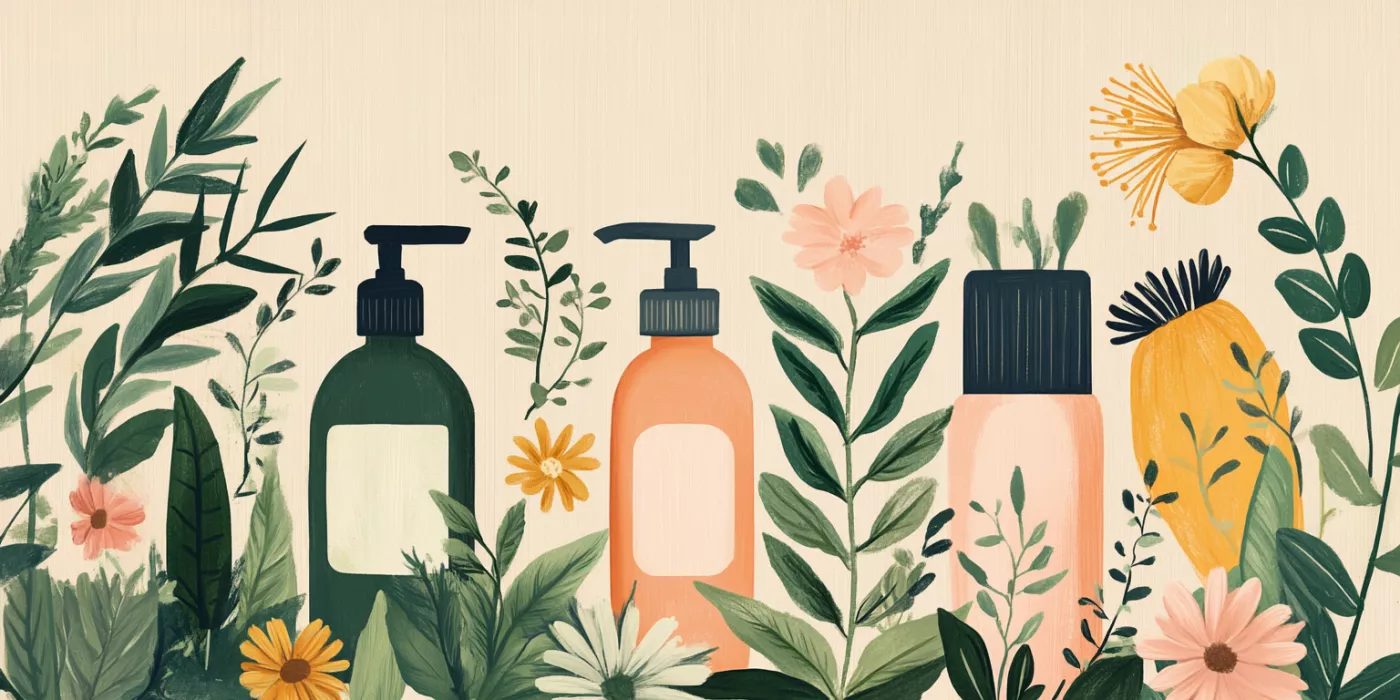 Shampoo, conditioner, and natural ingredients, representing healthy hair care practices and tips.