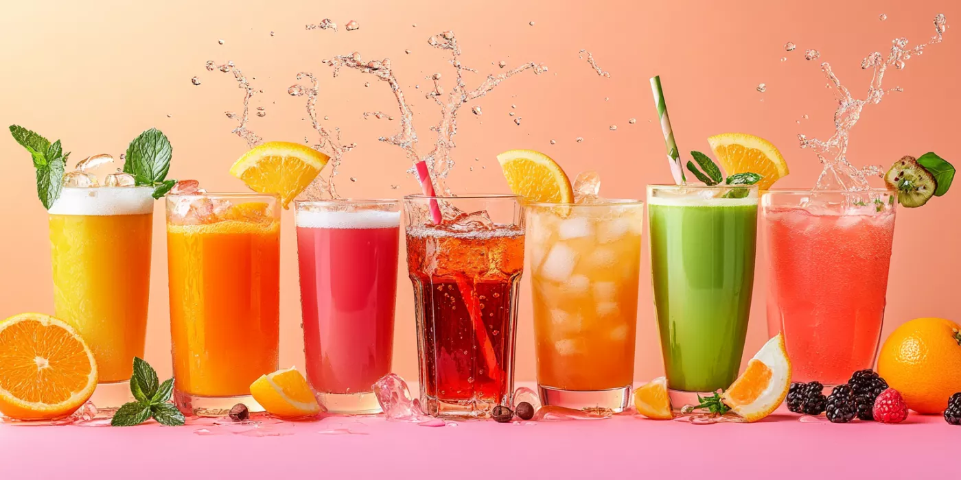 Vibrant display of tea, smoothies, and cocktails with playful splashes and fresh ingredients