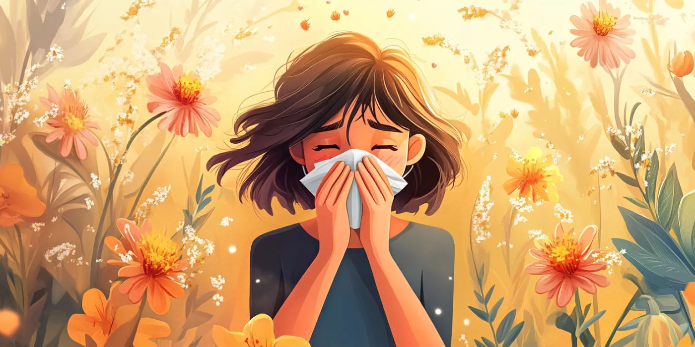 A person sneezing surrounded by pollen and flowers, representing seasonal allergies and care tips.