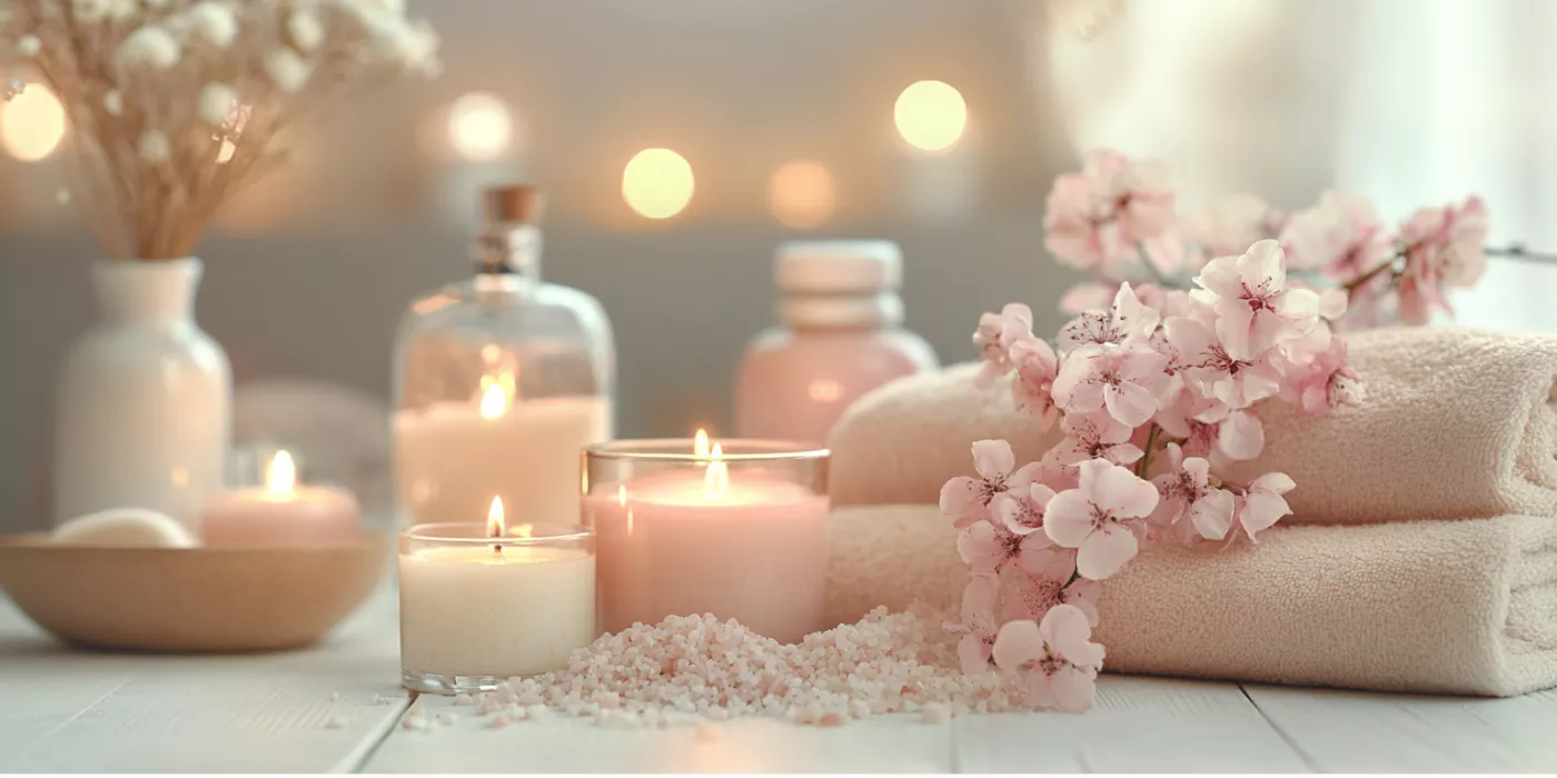 Candles, skincare products, and cozy blankets, symbolizing self-care routines and personal wellness practices.