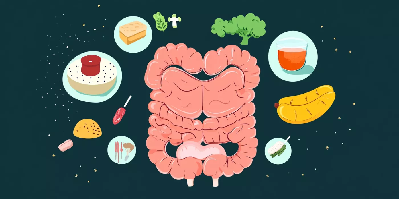 Illustration showing digestive system and foods that may cause pain.