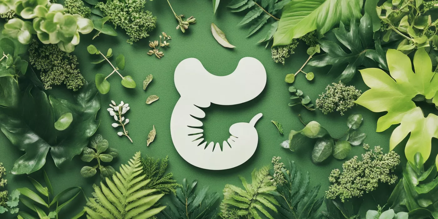 Conceptual image of healthy digestion with a stomach icon and green leaves.