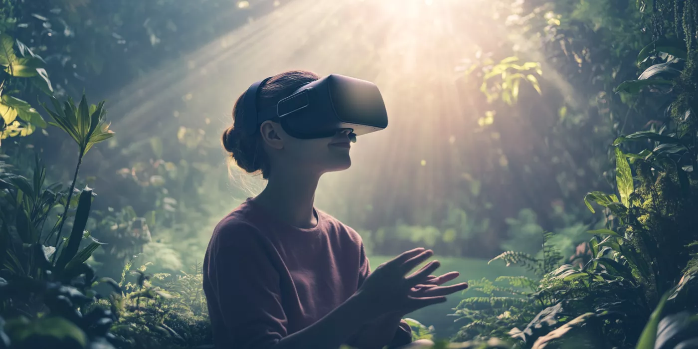 A person using VR technology for pain relief in a serene virtual environment