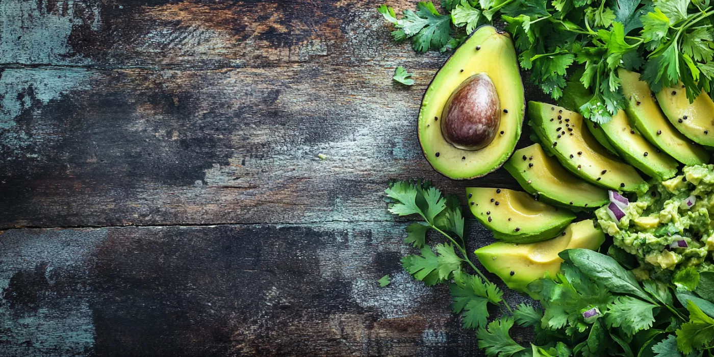 Sliced avocados with guacamole and herbs, symbolizing digestive health