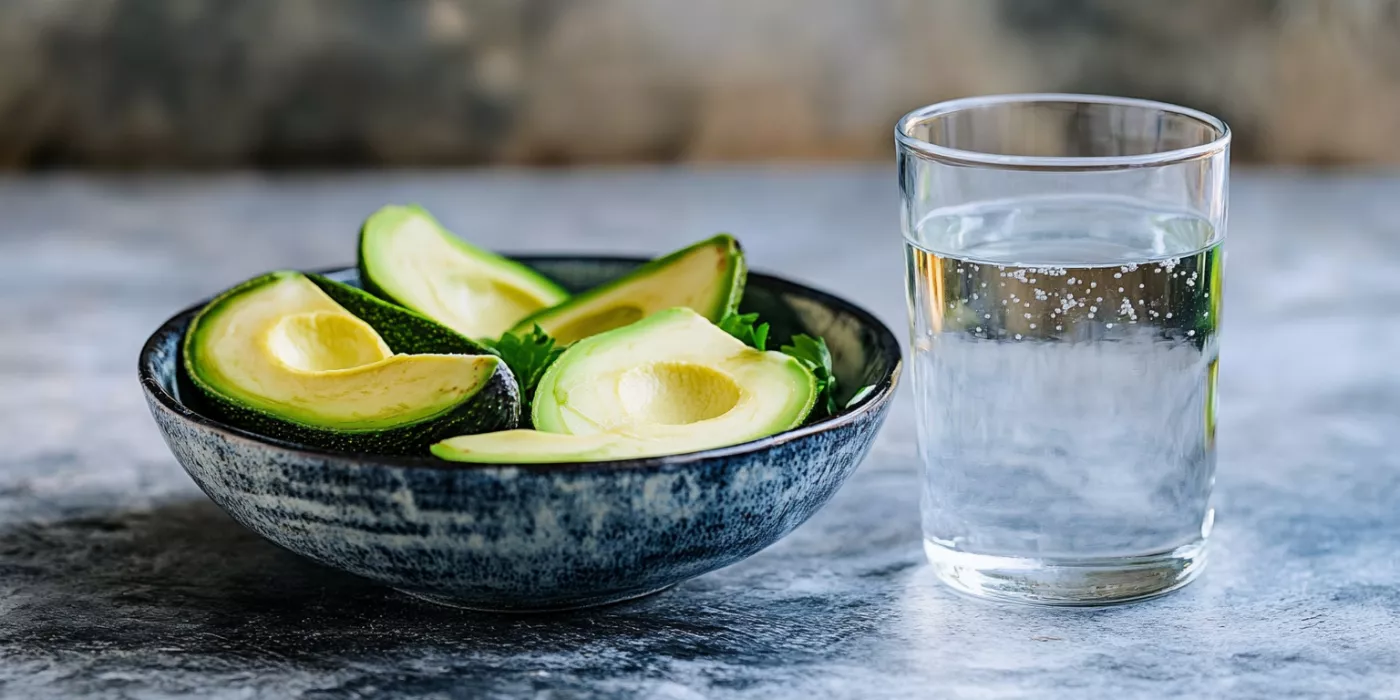 Sliced avocado and water representing digestive health benefits