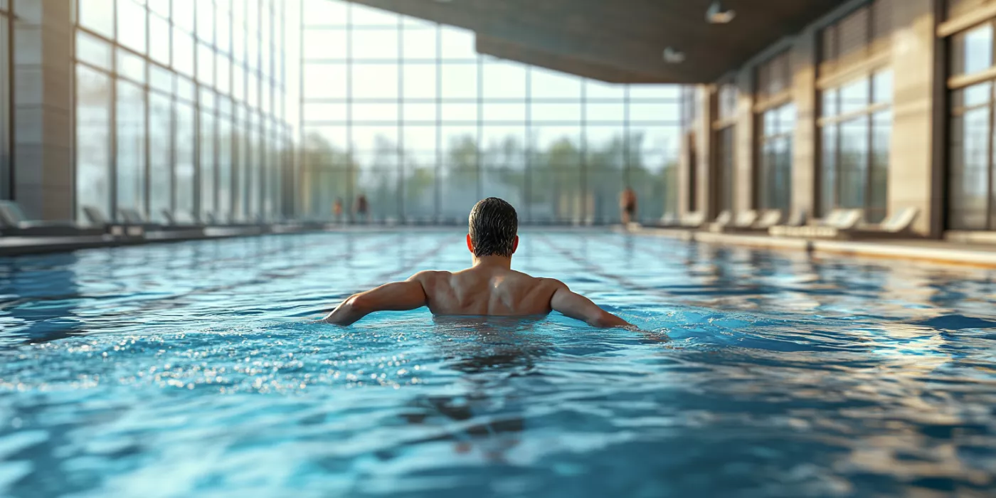 Banner image showing a swimmer engaging in low-impact water workouts in a pool, emphasizing effective swimming techniques for fat burning and weight loss.