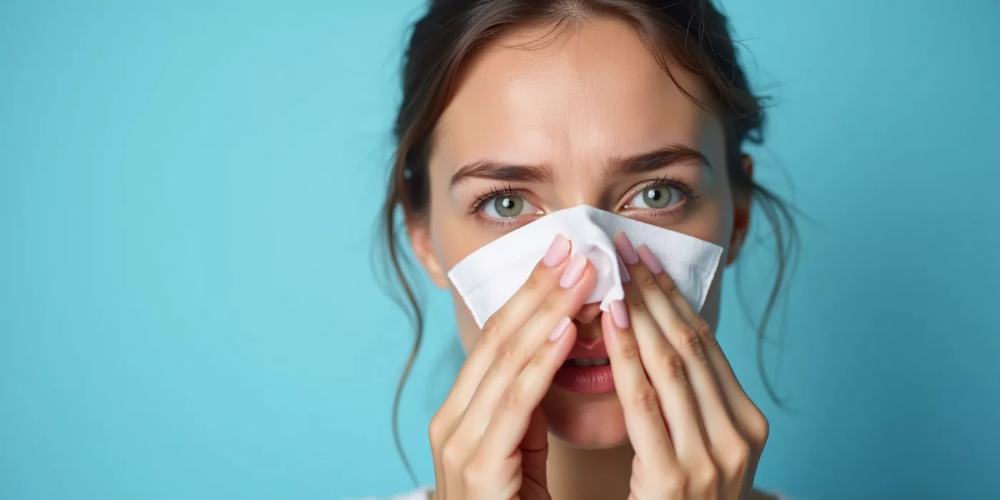 Person demonstrating nosebleed causes and treatment by pinching nose with tissue