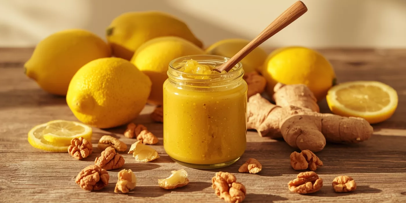 Jar of honey nut lemon ginger paste with lemons, nuts, and ginger on a rustic wooden surface.