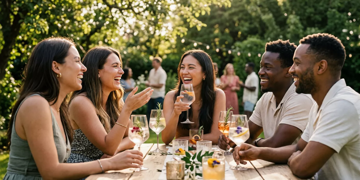 A group of diverse friends engaging in authentic conversation at a modern social gathering with non-alcoholic beverages.