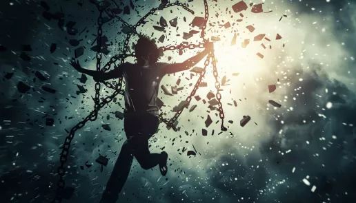 A person breaking chains, overcoming victim mentality