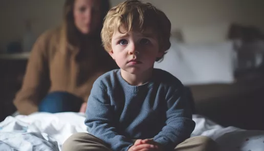 A young child sitting on a bed, anxious