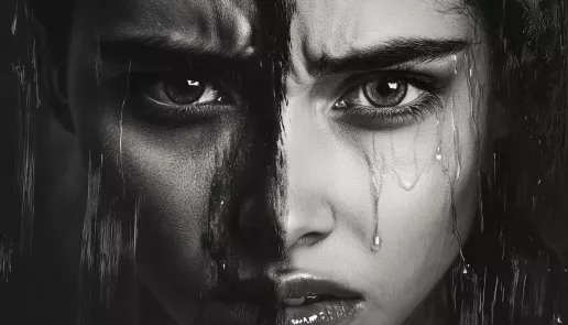 Co-Morbidity, split image, two faces, depicting anxiety, depicting depression