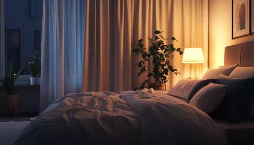 Cozy bedroom at night with soft lighting, a comfortable bed, fluffy pillows, and plants, creating an ideal sleep environment for better sleep hygiene and quality rest