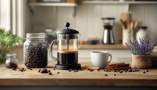 Cozy kitchen with coffee-making equipment, coffee beans, spices, and herbs under warm morning sunlight