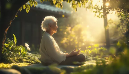 Elderly person sitting peacefully in a sunlit garden, representing calmness and mindfulness