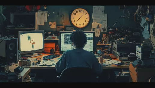 Person procrastinating at cluttered desk with distractions and clock ticking