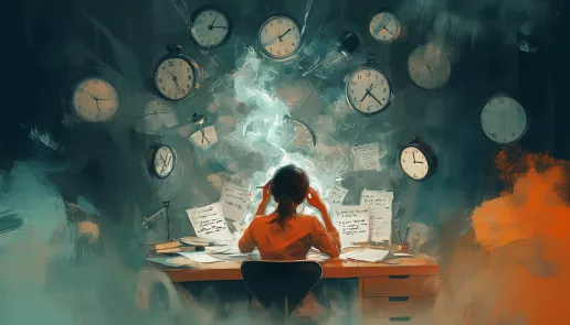 Person overwhelmed by procrastination at cluttered desk