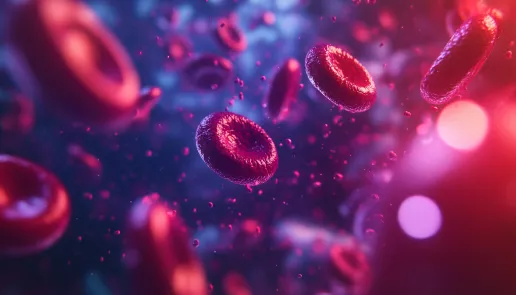 Illustration of red blood cells with hemoglobin molecules transporting oxygen through the bloodstream