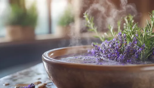 Spa setting with a bowl of steaming water infused with lavender, chamomile, and rosemary, surrounded by natural elements like wood and plants.