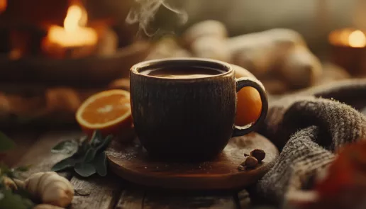 Cozy winter scene with warm drink, fresh ginger, garlic, leafy greens, and citrus fruits to boost immune system before winter.
