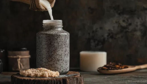 Homemade DIY hand soap being poured into a glass dispenser with natural ingredients on a rustic countertop