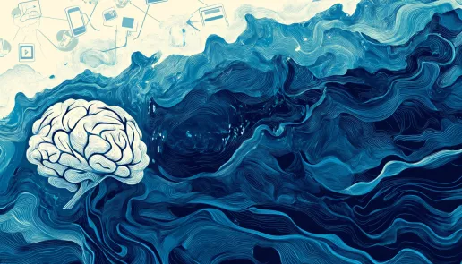 Minimalist illustration of the brain during a dopamine detox with technology icons fading