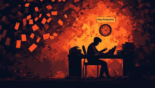 Person sitting at a cluttered desk, overwhelmed, with a clock showing time slipping away, representing procrastination at work.