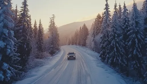 Essential car maintenance tips before winter - a car driving on a snowy winter road