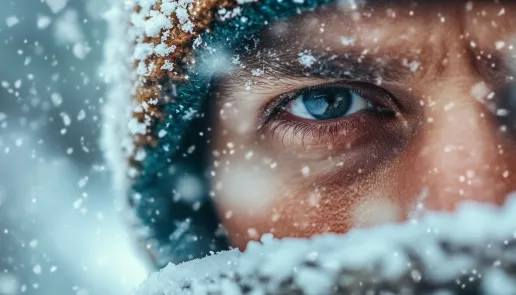 Man with healthy, hydrated skin in a snowy winter landscape – a guide to the ultimate winter skincare routine for men
