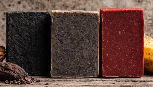Antibacterial soap, carbolic soap, and African black soap arranged with natural ingredients for hygiene