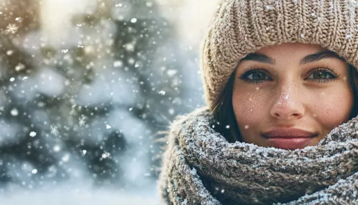 Young woman with glowing skin in a snowy winter landscape, illustrating a natural winter skincare routine.