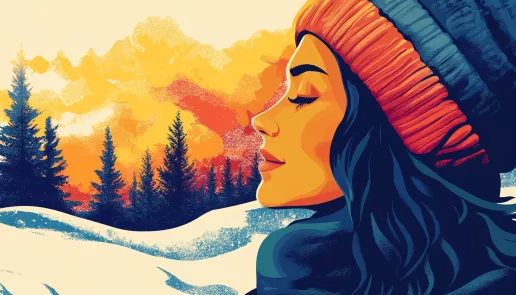 Winter skincare routine for oily skin: A woman with glowing, healthy skin enjoying the snowy outdoors