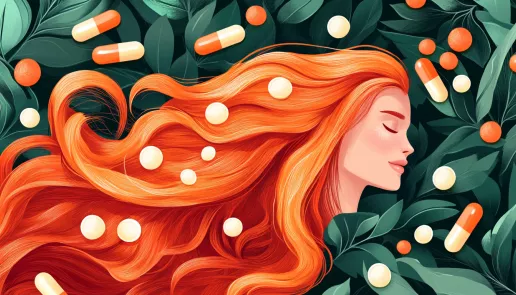 Illustration of healthy hair and biotin capsules representing hair growth benefits.
