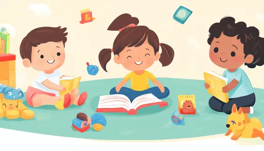 Kids playing and learning with toys, books, and educational tools, symbolizing child development milestones.